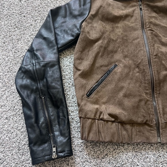 MANGO LEATHER BROWN Suede BLACK Colorblock WOMEN'S JACKET Zip up Bomber SIZE XS - Picture 4 of 15